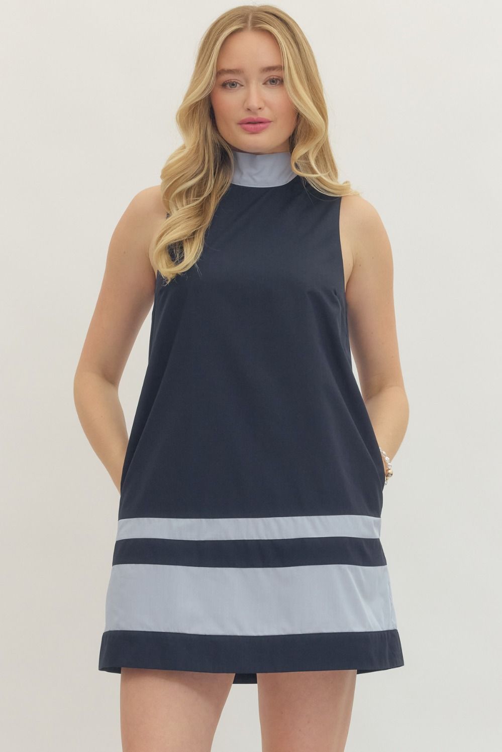 Navy Sleeveless Mini Dress Tie Closure at Back Neckline