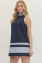 Navy Sleeveless Mini Dress Tie Closure at Back Neckline