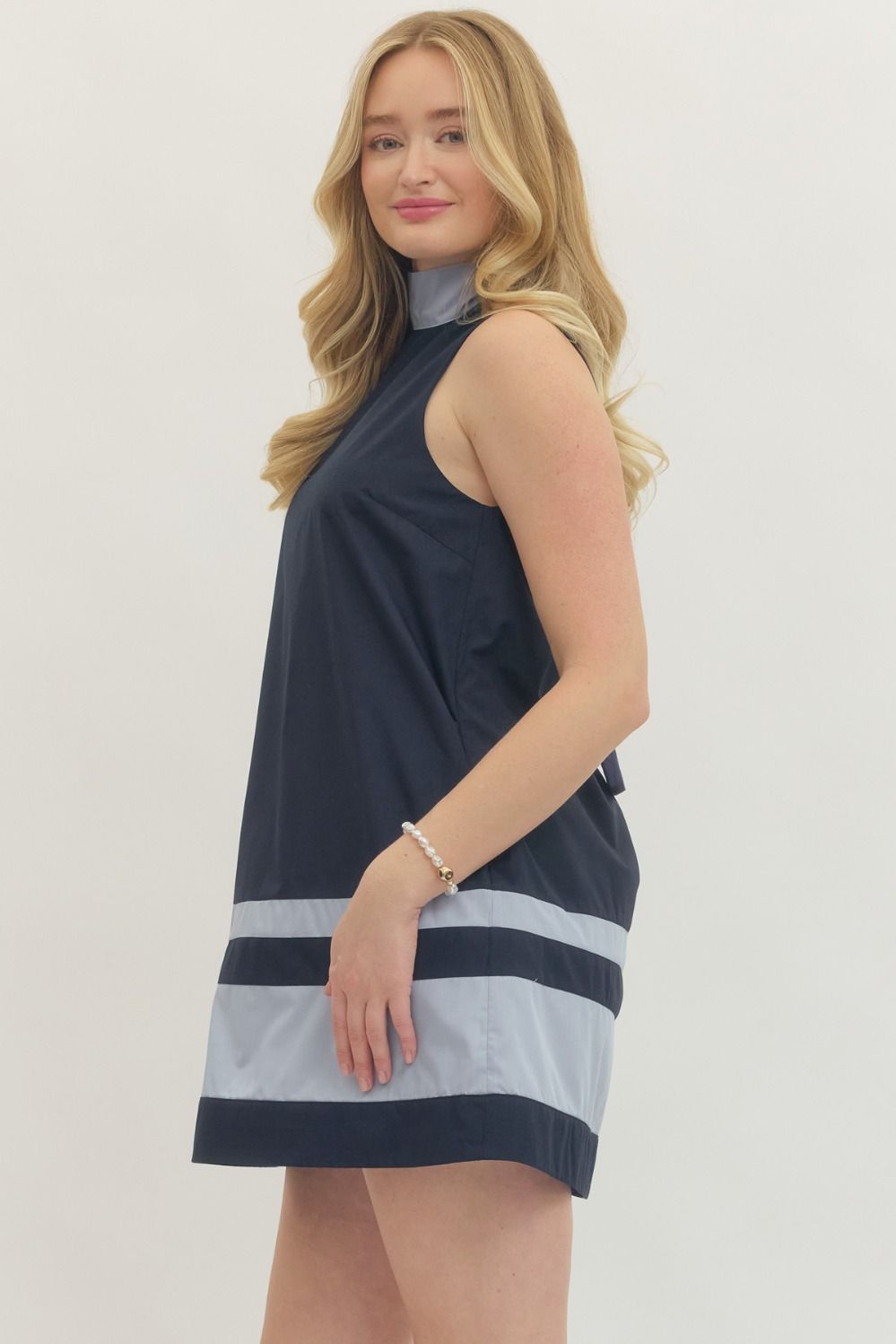 Navy Sleeveless Mini Dress Tie Closure at Back Neckline