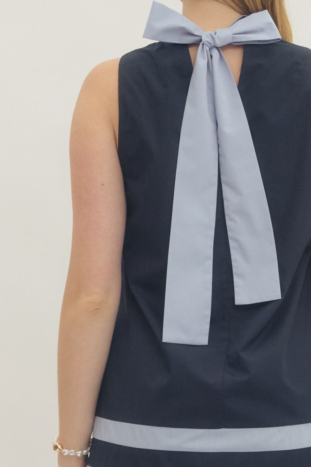 Navy Sleeveless Mini Dress Tie Closure at Back Neckline