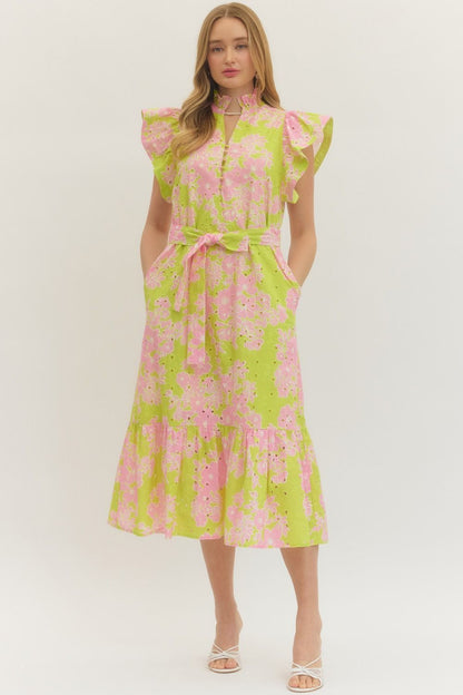 Apple Green Floral Eyelet Midi with Tie Waist