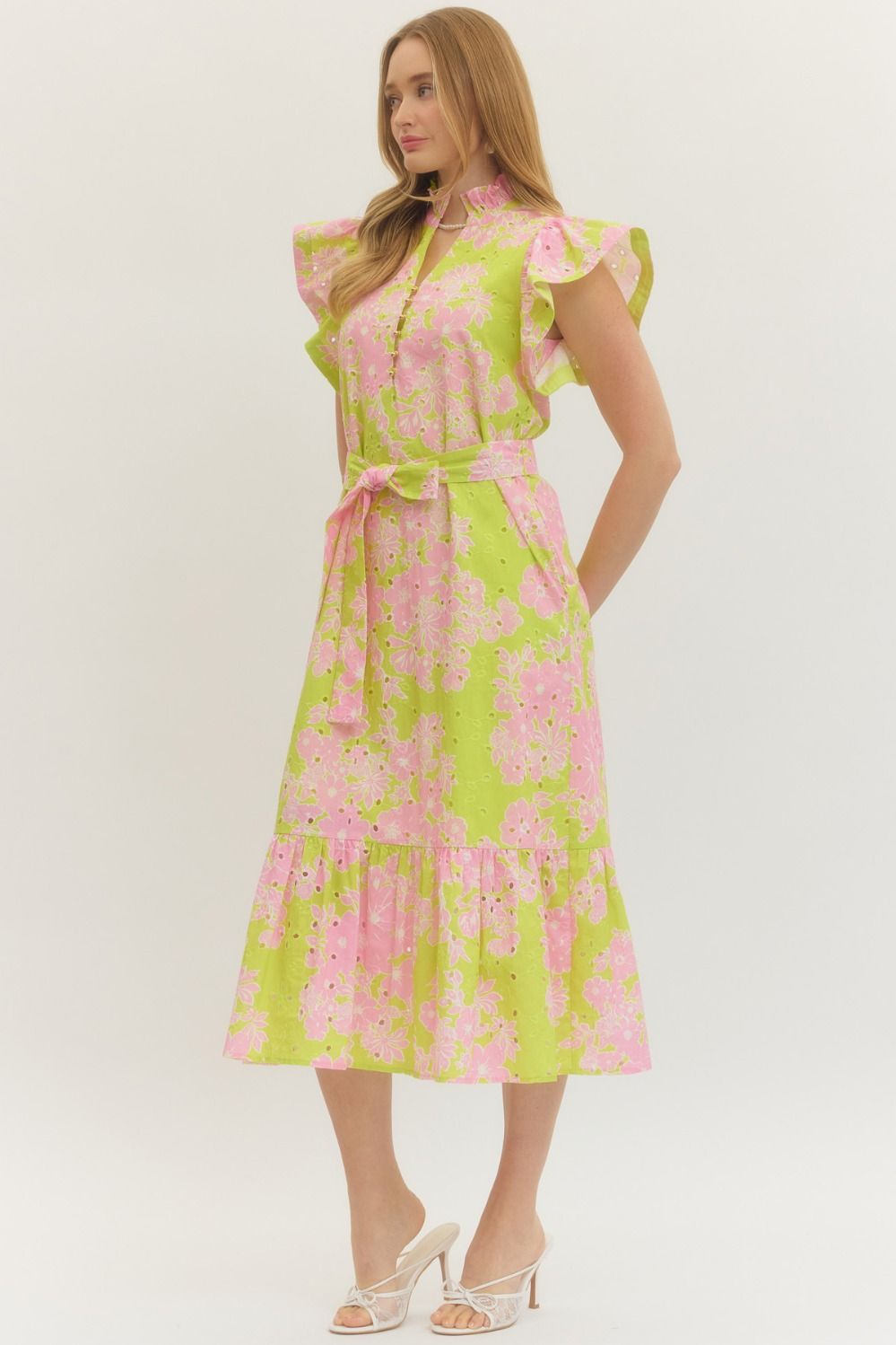 Apple Green Floral Eyelet Midi with Tie Waist