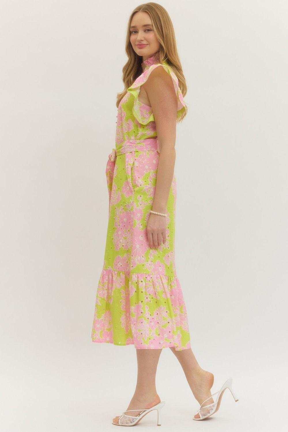 Apple Green Floral Eyelet Midi with Tie Waist