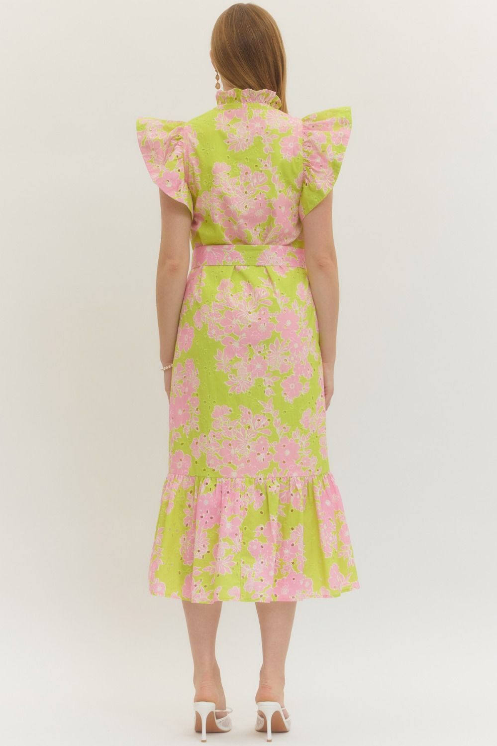 Apple Green Floral Eyelet Midi with Tie Waist