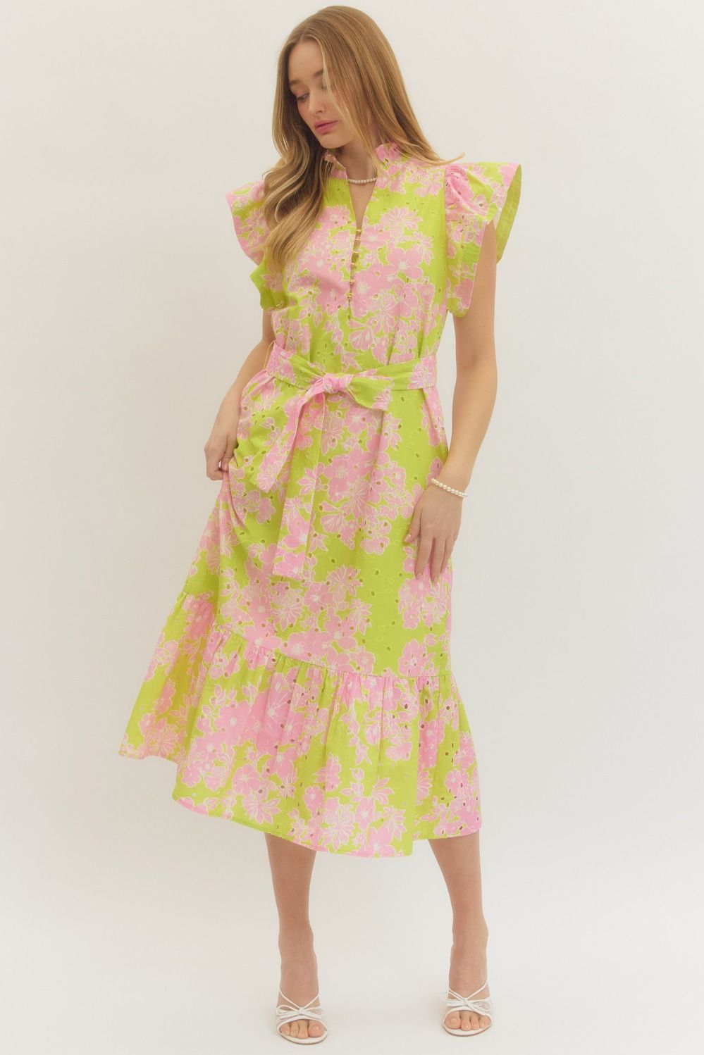 Apple Green Floral Eyelet Midi with Tie Waist