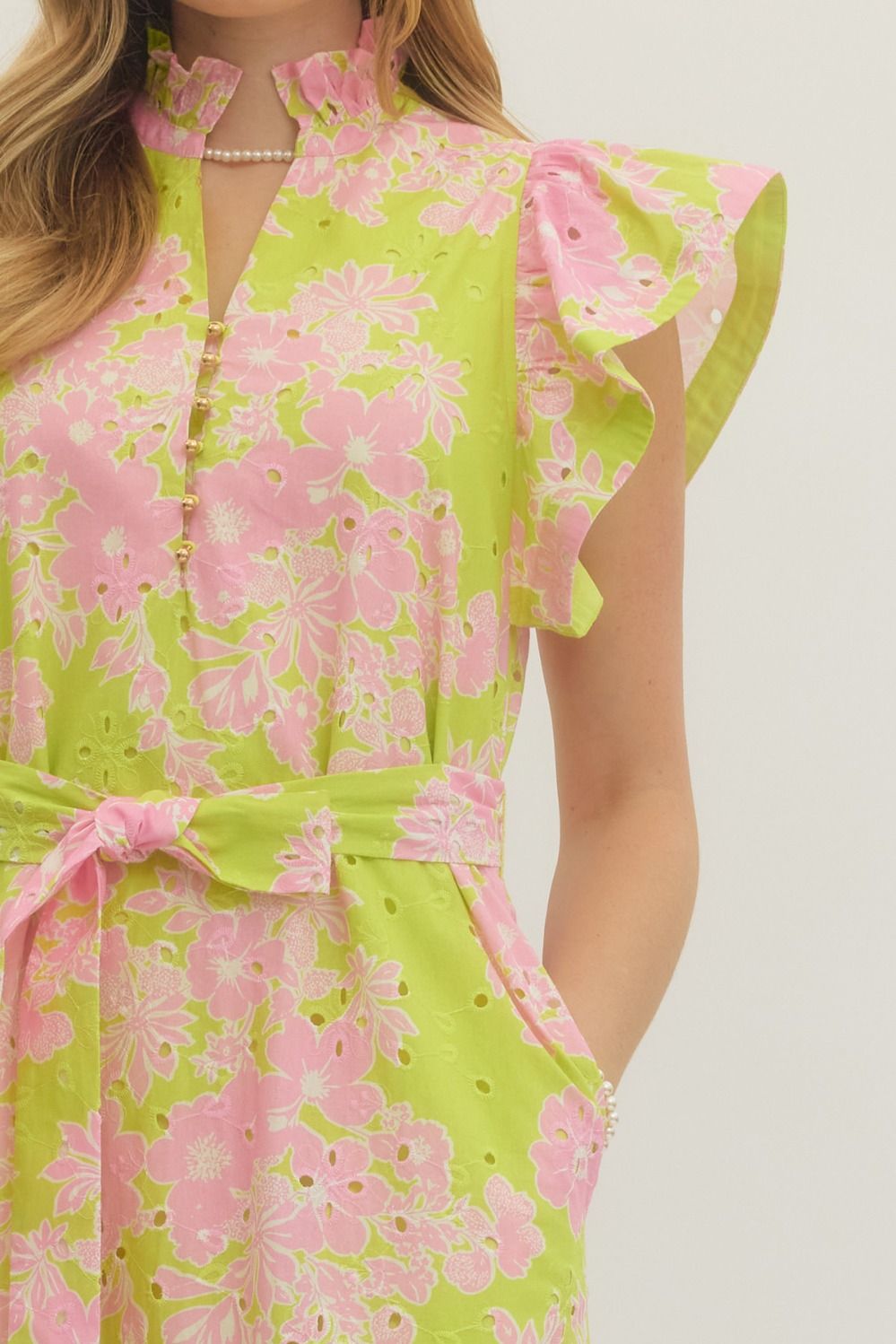 Apple Green Floral Eyelet Midi with Tie Waist