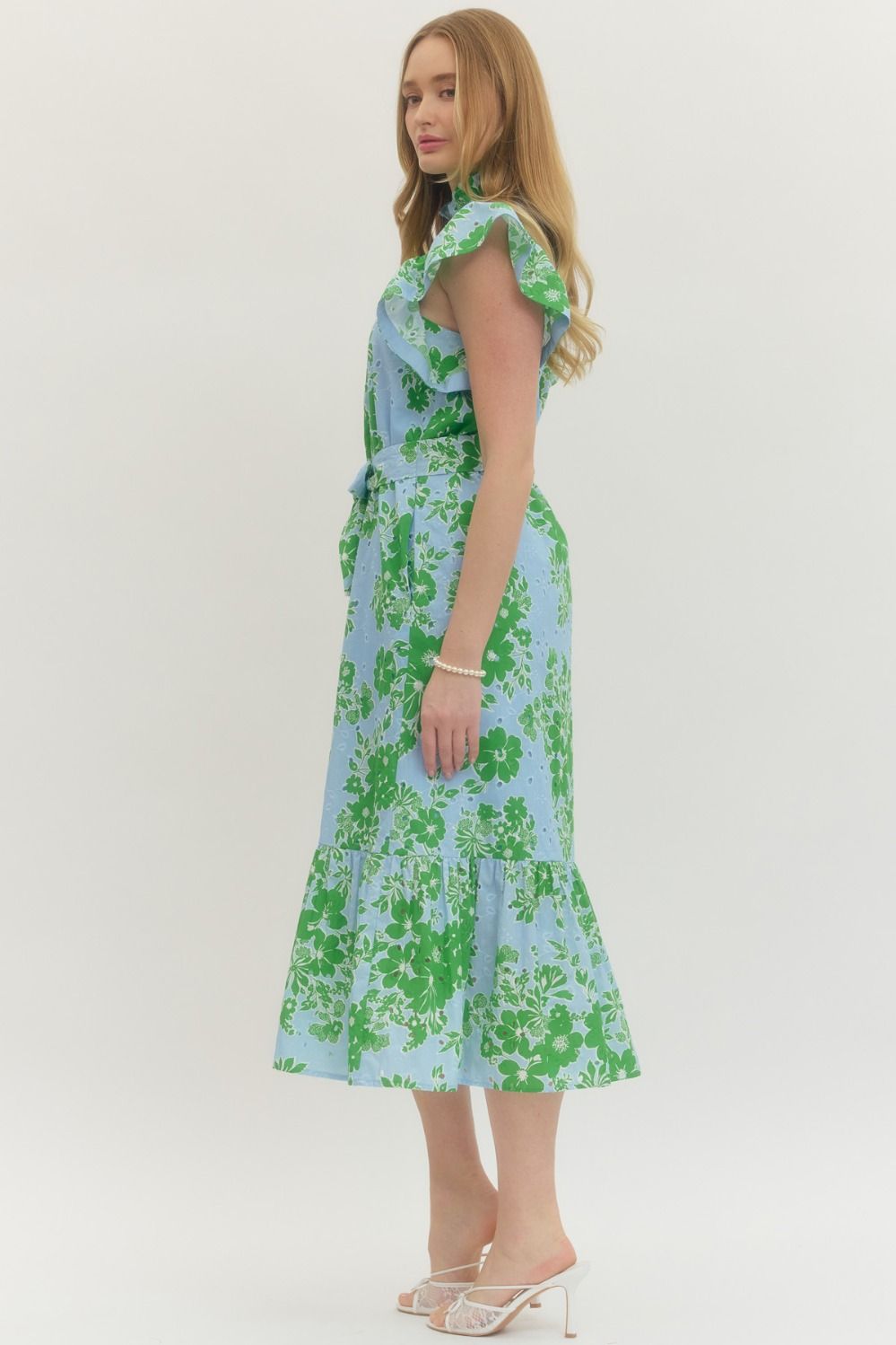 Apple Green Floral Eyelet Midi with Tie Waist