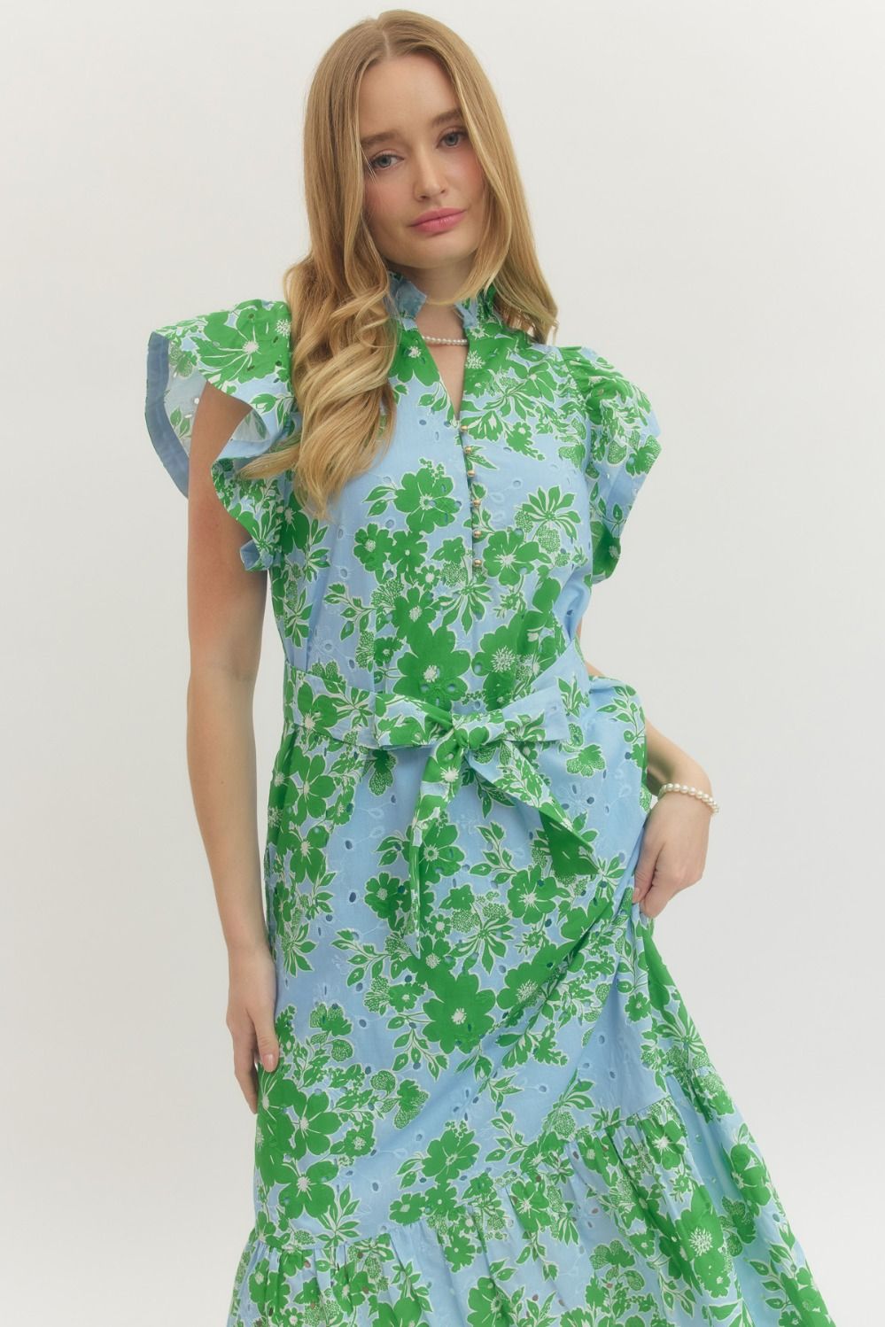 Apple Green Floral Eyelet Midi with Tie Waist