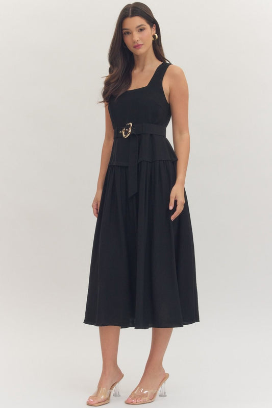 Black Sleeveless Midi with Gold Buckle