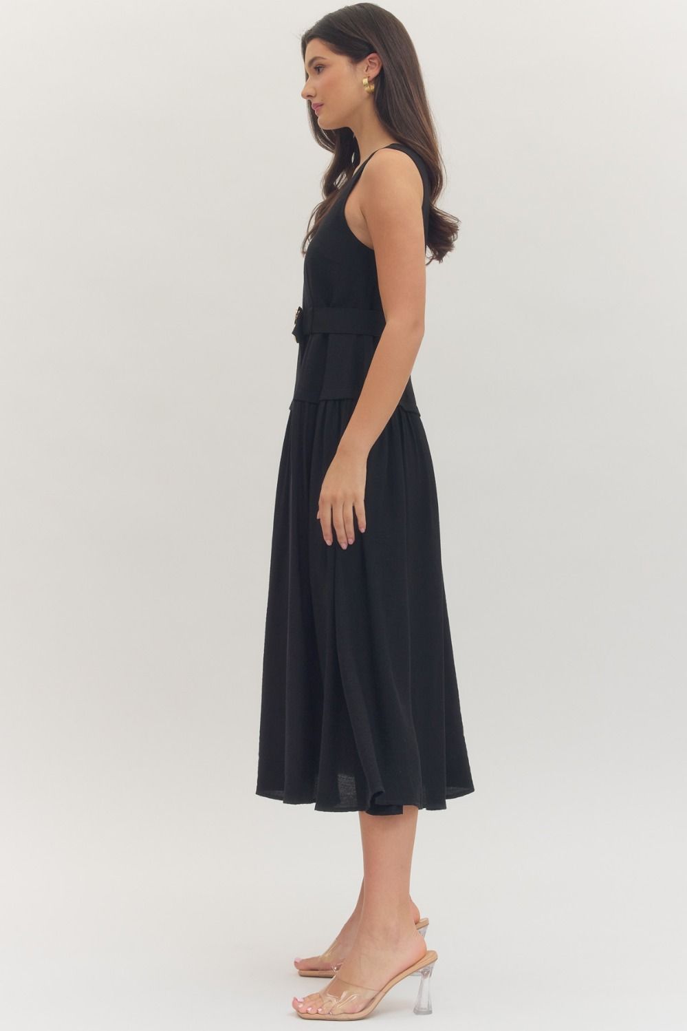 Black Sleeveless Midi with Gold Buckle