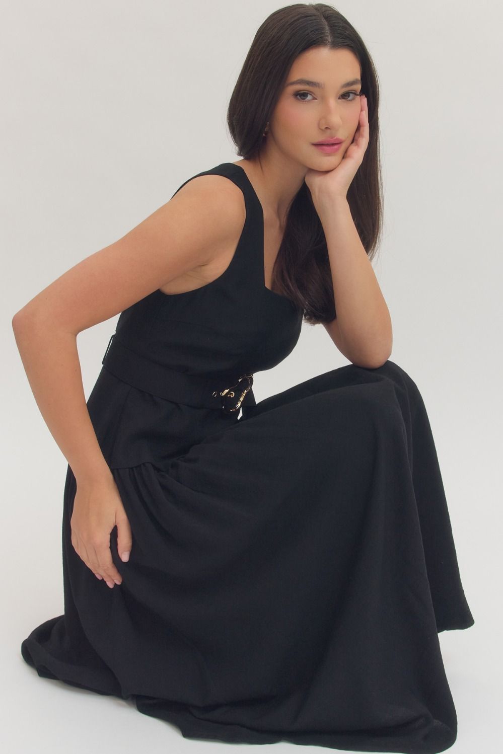 Black Sleeveless Midi with Gold Buckle