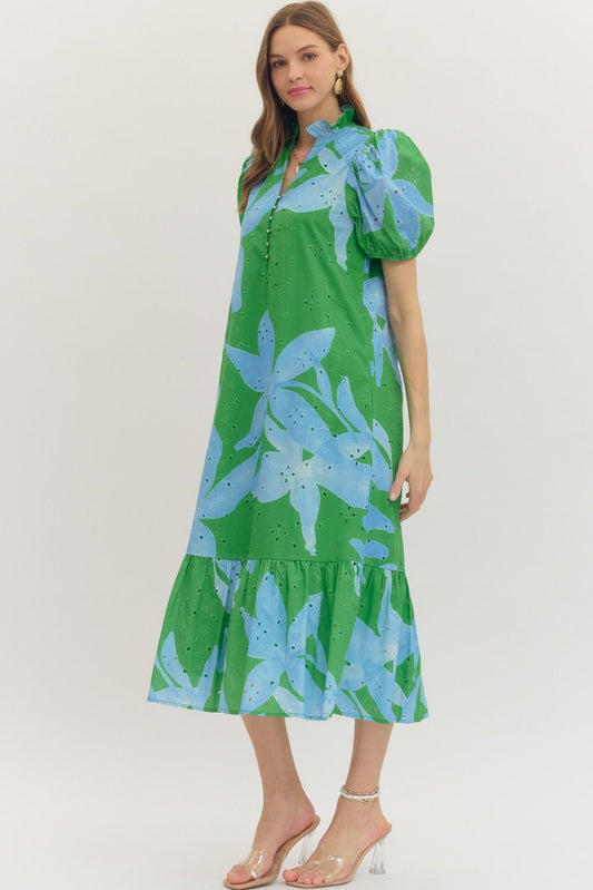 Green Botanical Puff Sleeve Midi
