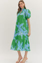 Green Botanical Puff Sleeve Midi