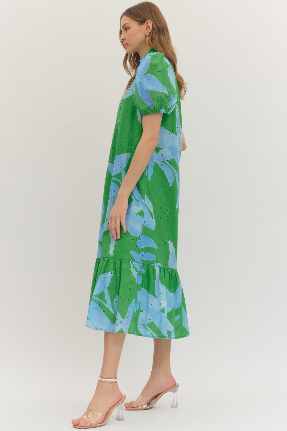 Green Botanical Puff Sleeve Midi
