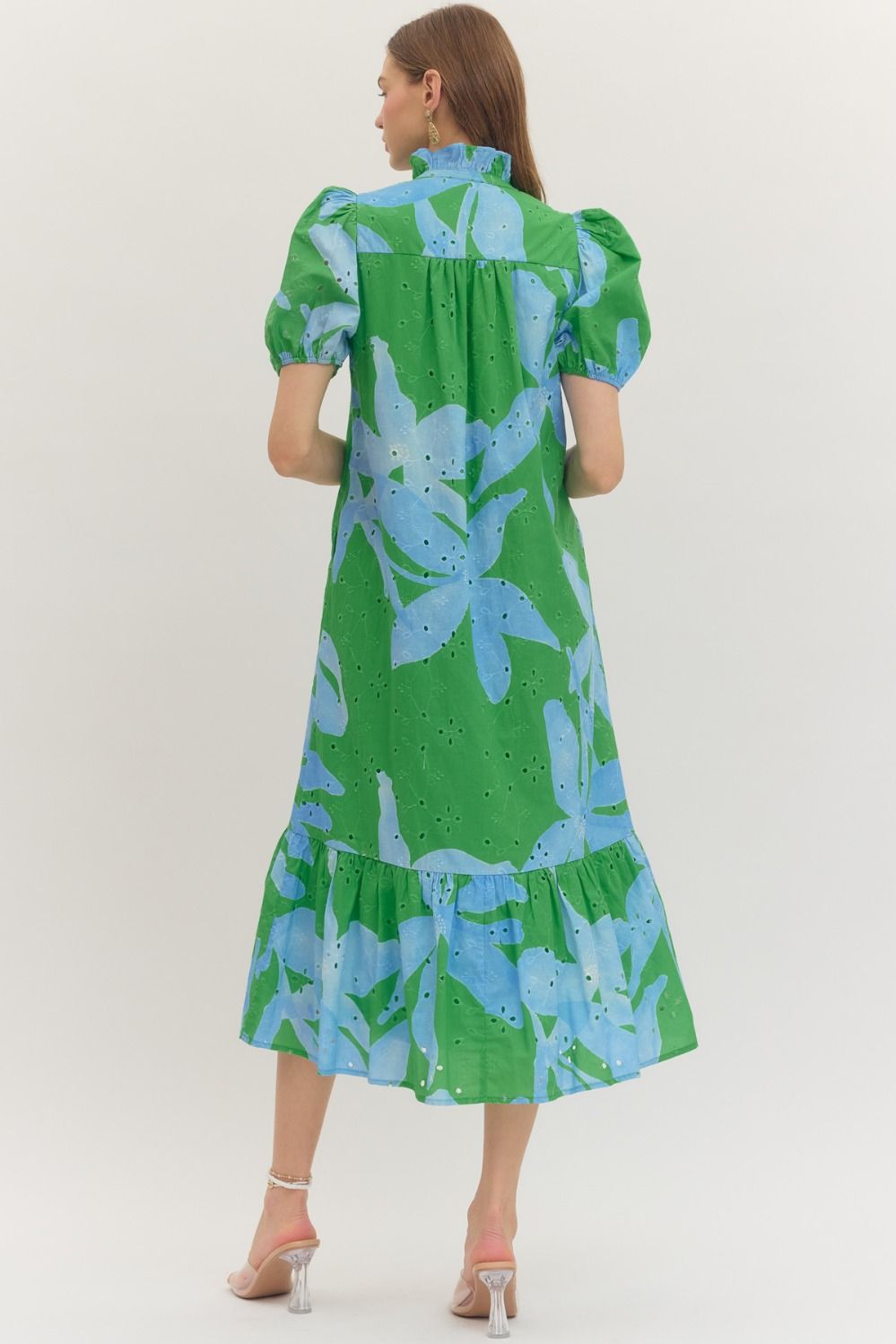 Green Botanical Puff Sleeve Midi