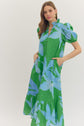 Green Botanical Puff Sleeve Midi