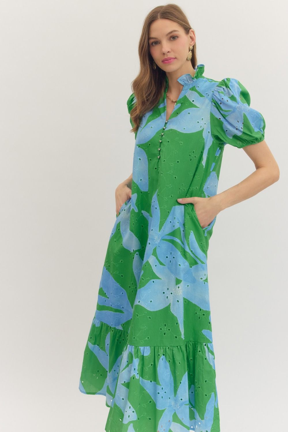 Green Botanical Puff Sleeve Midi