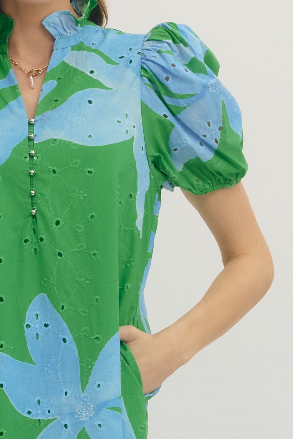 Green Botanical Puff Sleeve Midi