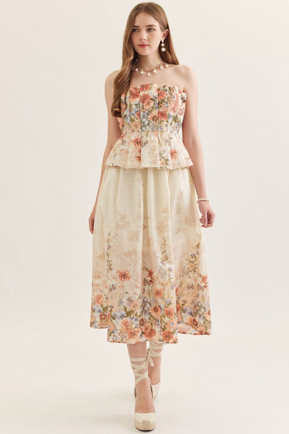 Floral Strapless Midi Featuring Pleated Peplum Bodice