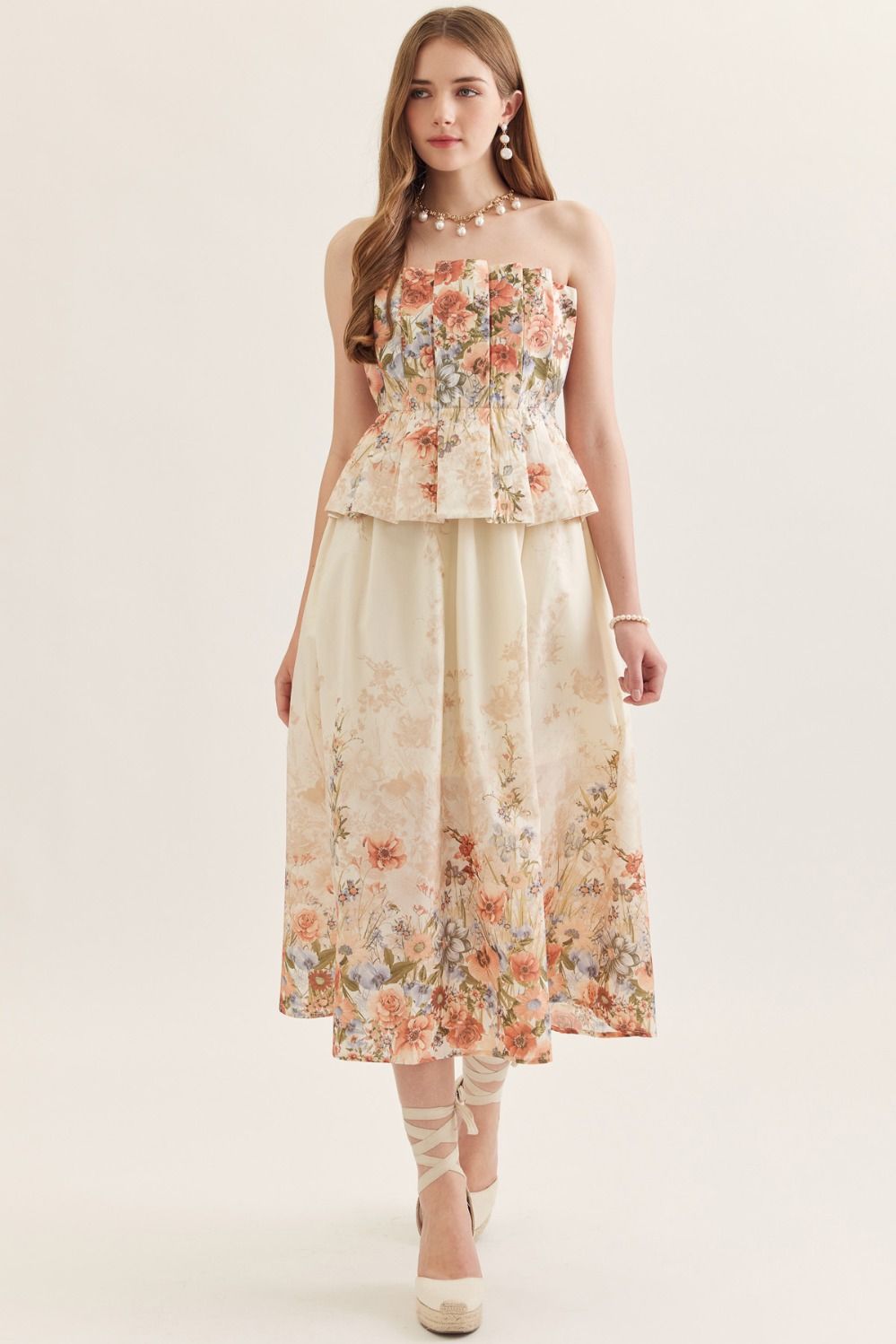 Floral Strapless Midi Featuring Pleated Peplum Bodice