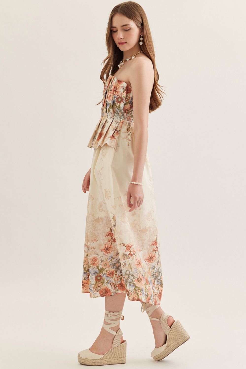 Floral Strapless Midi Featuring Pleated Peplum Bodice