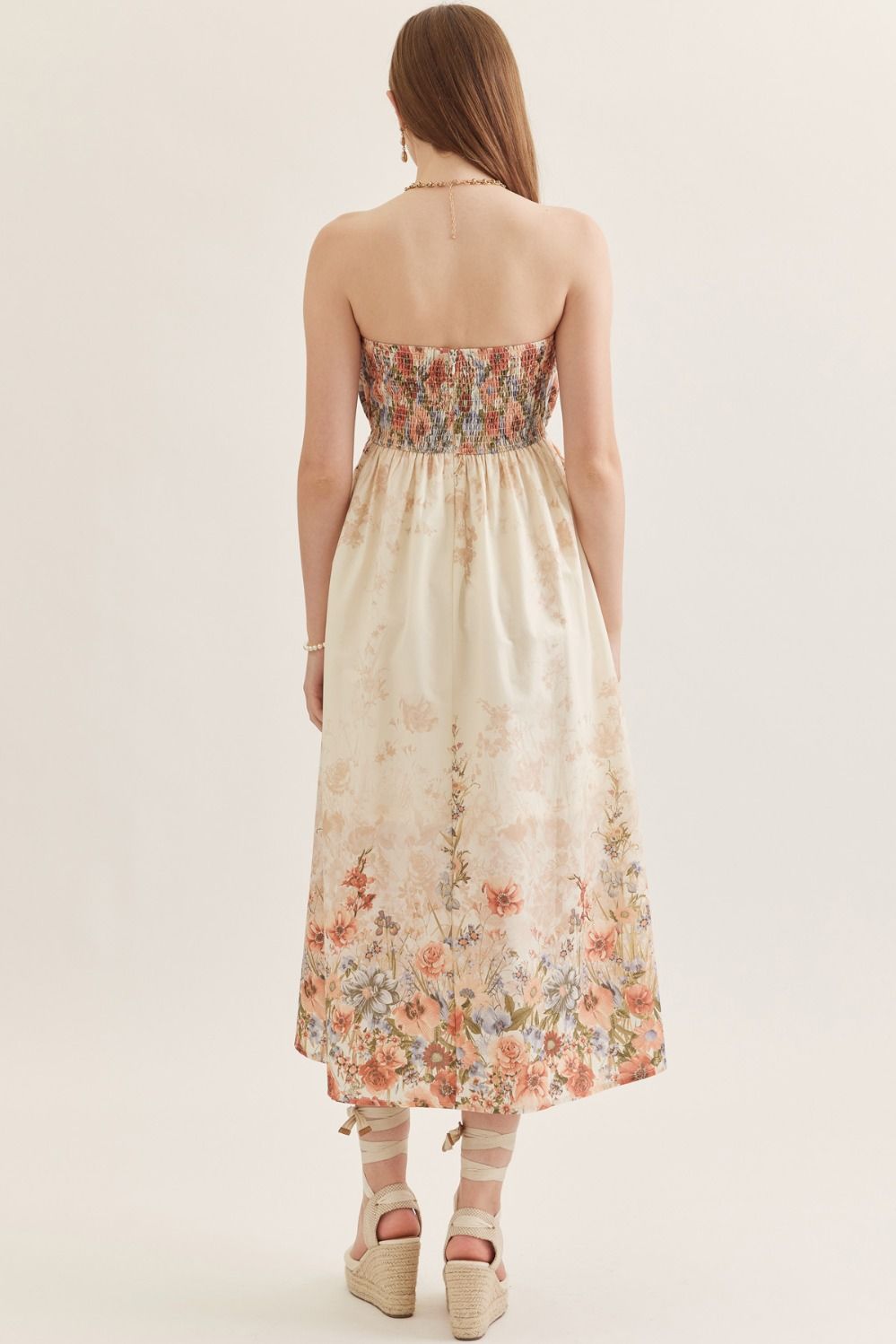 Floral Strapless Midi Featuring Pleated Peplum Bodice