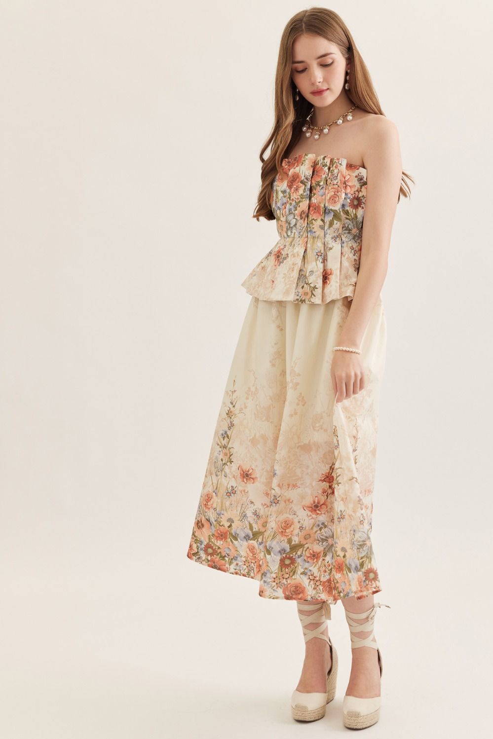 Floral Strapless Midi Featuring Pleated Peplum Bodice