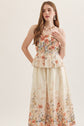 Floral Strapless Midi Featuring Pleated Peplum Bodice