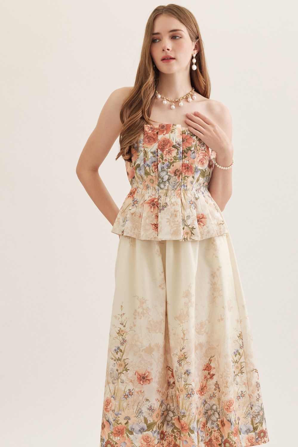 Floral Strapless Midi Featuring Pleated Peplum Bodice