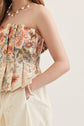 Floral Strapless Midi Featuring Pleated Peplum Bodice