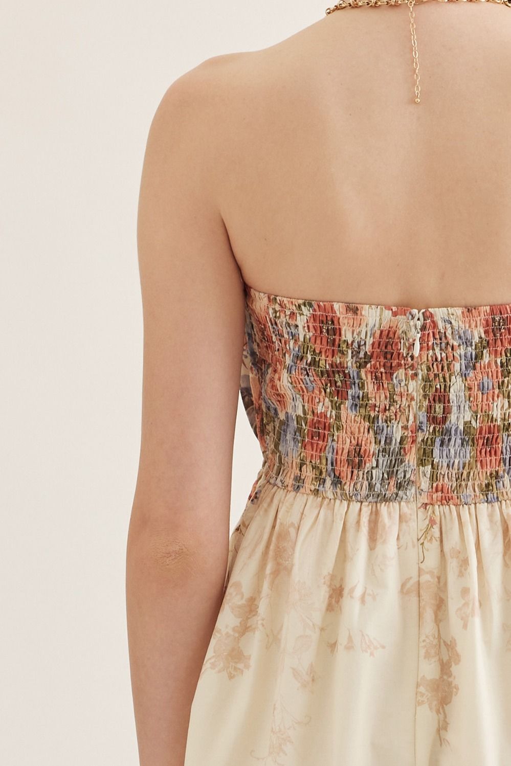 Floral Strapless Midi Featuring Pleated Peplum Bodice