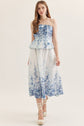 Floral Strapless Midi Featuring Pleated Peplum Bodice