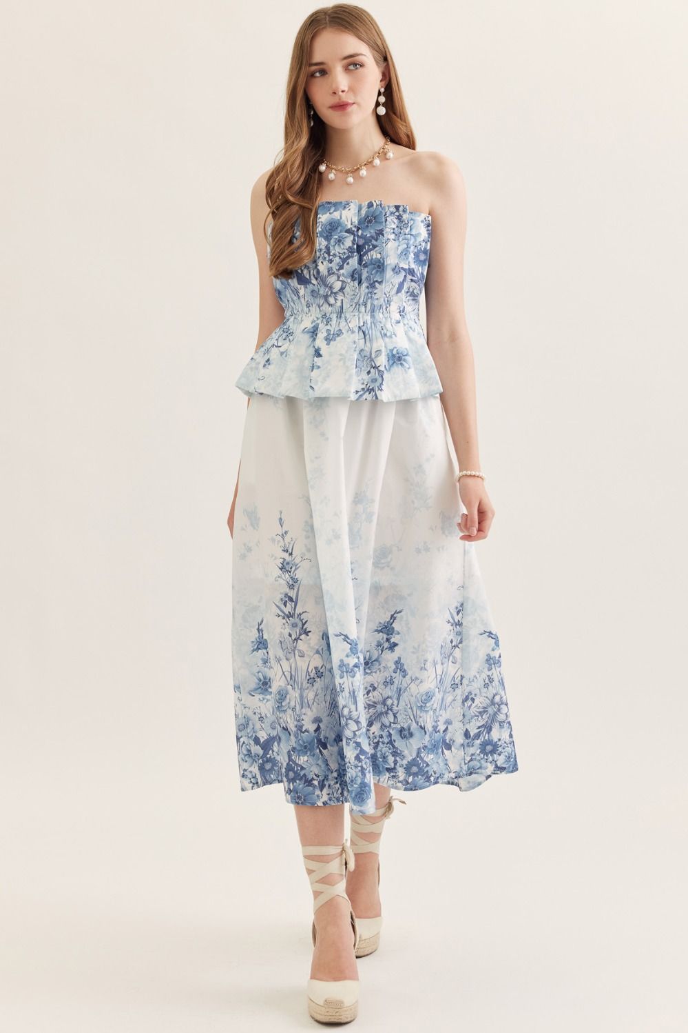 Floral Strapless Midi Featuring Pleated Peplum Bodice