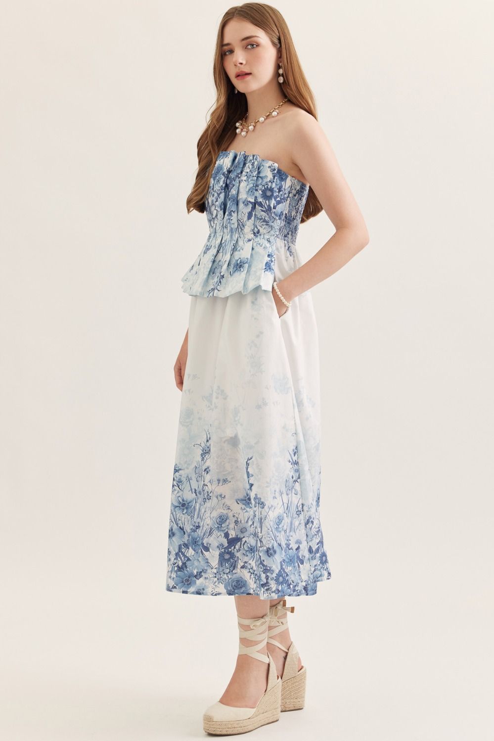 Floral Strapless Midi Featuring Pleated Peplum Bodice