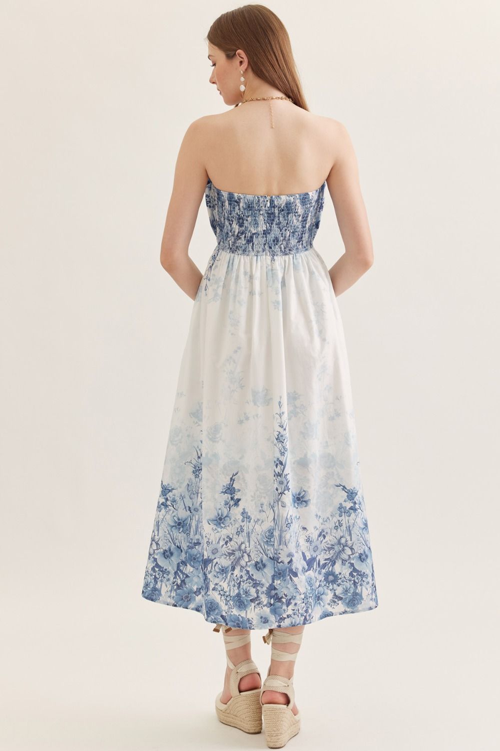 Floral Strapless Midi Featuring Pleated Peplum Bodice