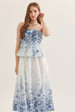Floral Strapless Midi Featuring Pleated Peplum Bodice