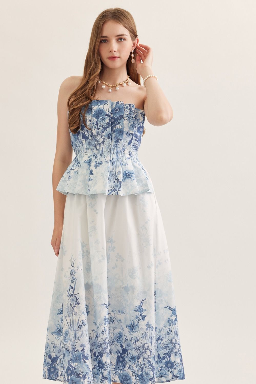 Floral Strapless Midi Featuring Pleated Peplum Bodice