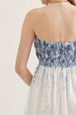 Floral Strapless Midi Featuring Pleated Peplum Bodice