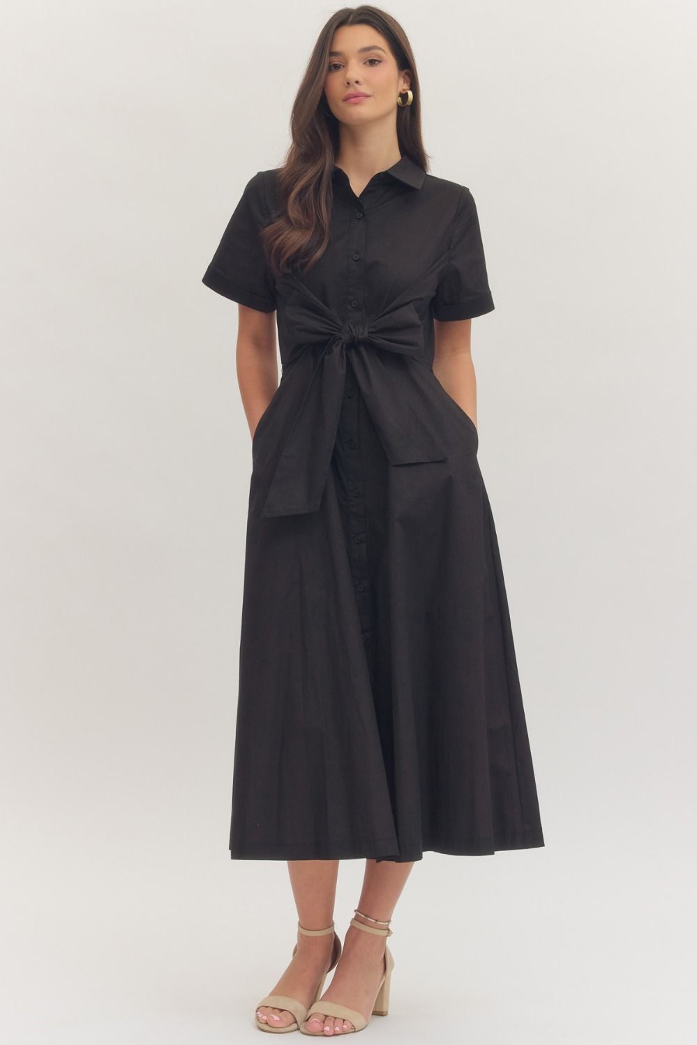 Solid Short Puff Sleeve Midi with Embroidered Scallop Hem