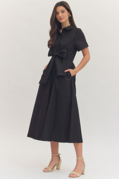 Solid Short Sleeve Midi with Bow Waist