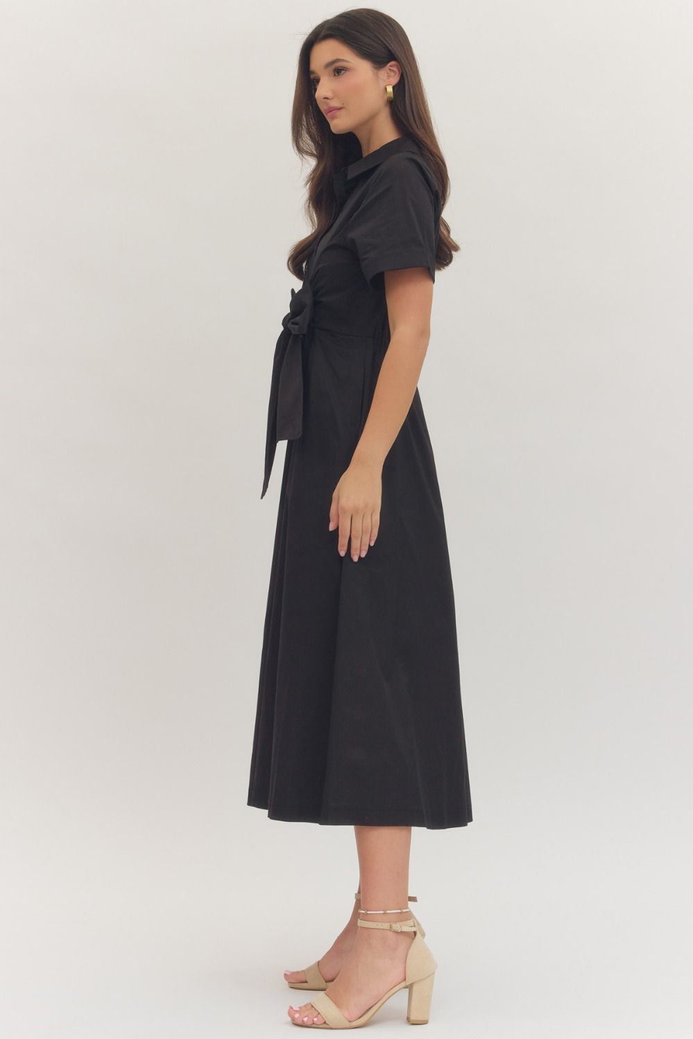 Solid Short Puff Sleeve Midi with Embroidered Scallop Hem