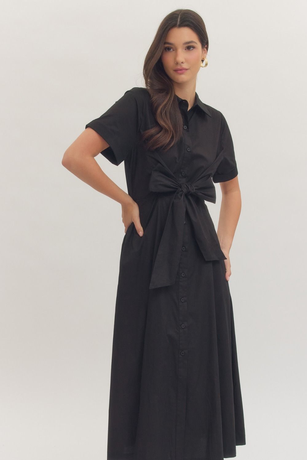 Solid Short Sleeve Midi with Bow Waist