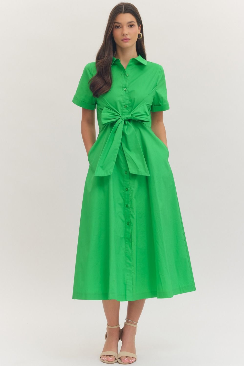 Solid Short Sleeve Midi with Bow Waist