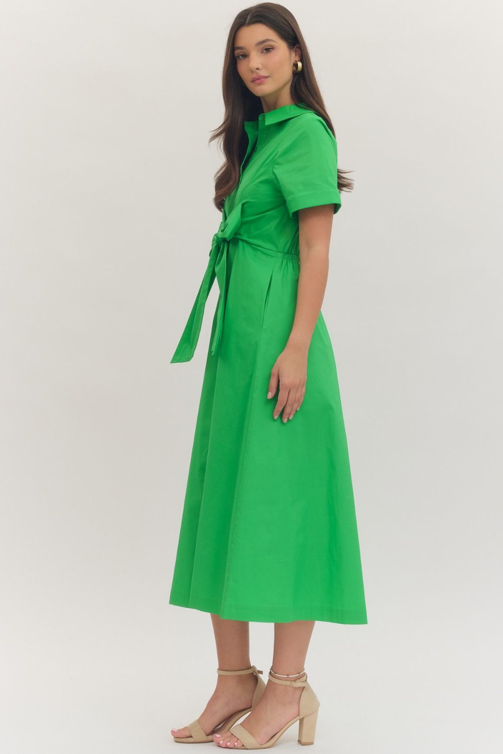Solid Short Sleeve Midi with Bow Waist
