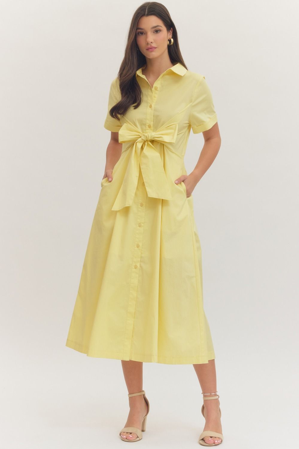 Solid Short Sleeve Midi with Bow Waist