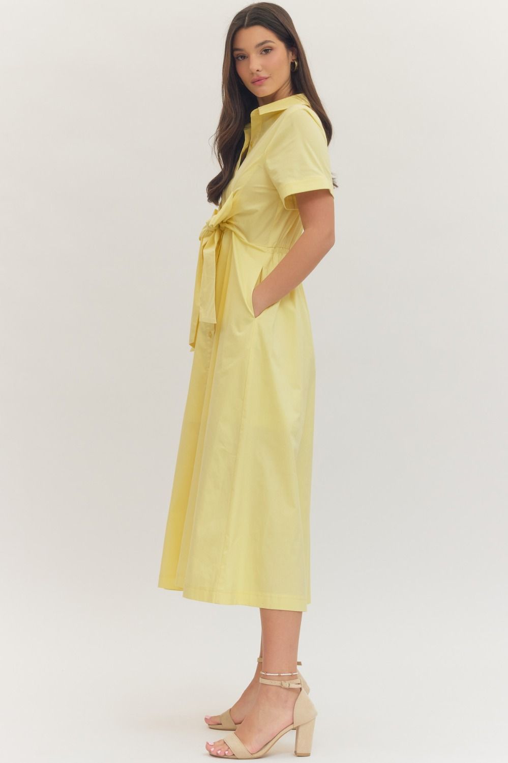 Solid Short Sleeve Midi with Bow Waist