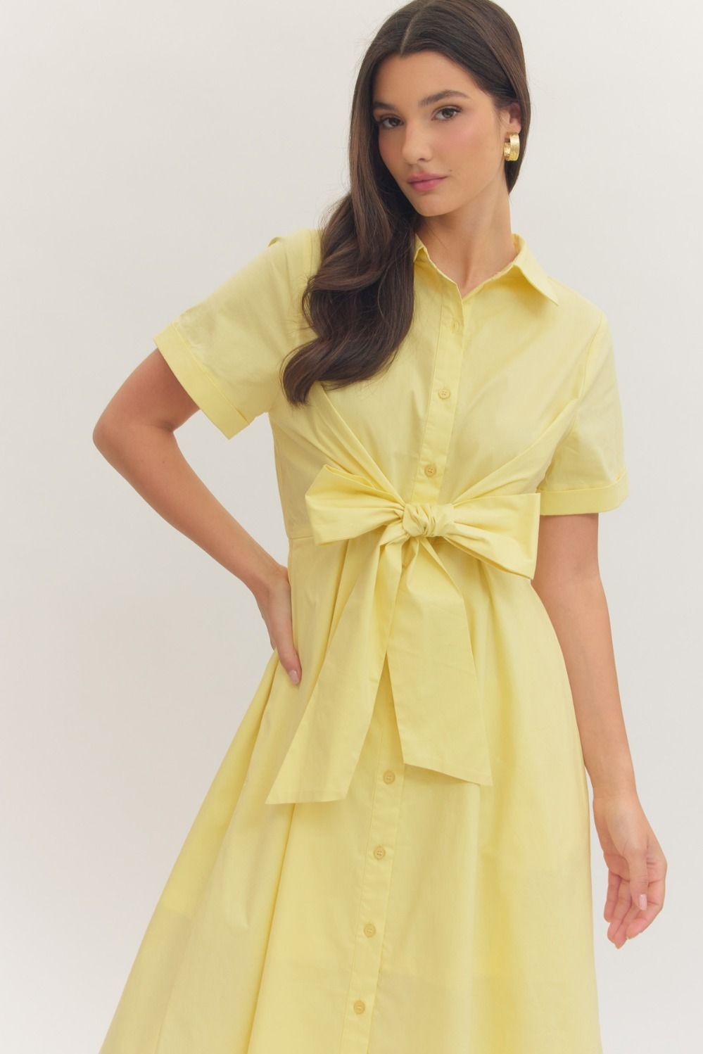 Solid Short Sleeve Midi with Bow Waist