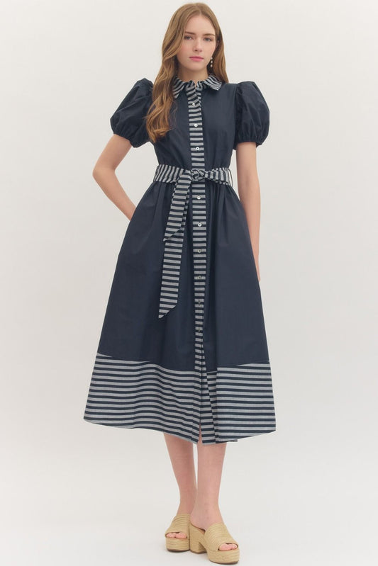 Navy Puff Sleeve Midi Featuring Stripe Placket and Collar