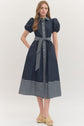 Navy Puff Sleeve Midi Featuring Stripe Placket and Collar