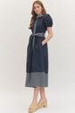 Navy Puff Sleeve Midi Featuring Stripe Placket and Collar